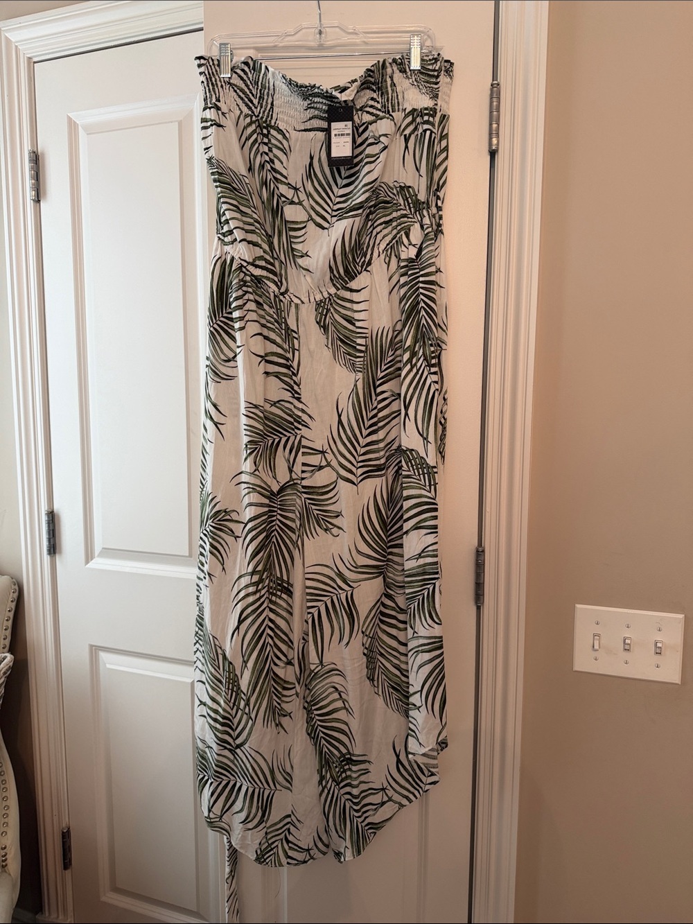 City Chic White Strapless Jumpsuit with Green Palm Print